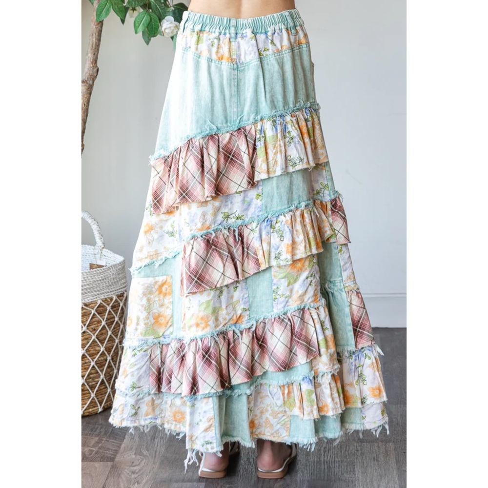 Oli & Hali Floral + Plaid Patchwork Ruffled Denim Maxi - Picture 10 of 11